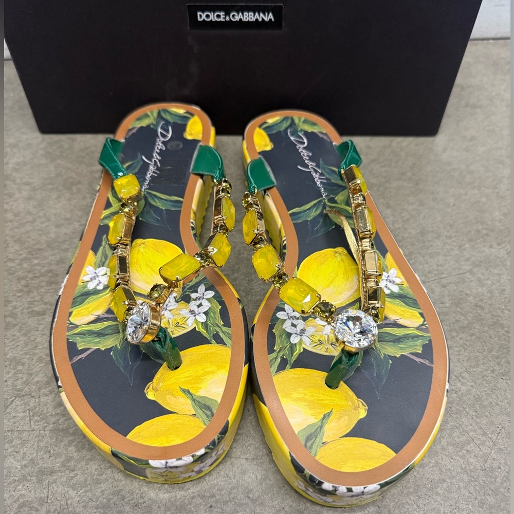 Dolce and Gabbana Lemon Print Jeweled Thong Flip Flop Sandals - Picture 2 of 10
